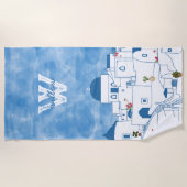 Blauw & Wit Waterverf Santorini Griekenland Monogr Strandlaken (Voorkant)