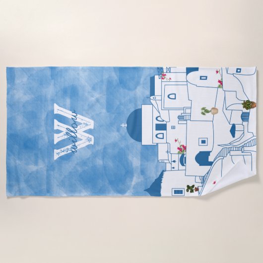 Blauw & Wit Waterverf Santorini Griekenland Monogr Strandlaken (Voorkant)
