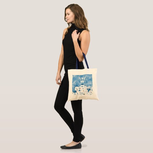 Blauw & Wit Waterverf Santorini Griekenland Monogr Tote Bag (Voorkant (model))