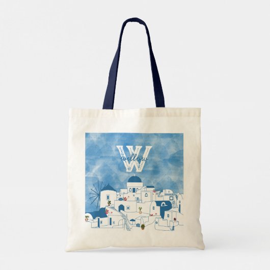 Blauw & Wit Waterverf Santorini Griekenland Monogr Tote Bag (Achterkant)