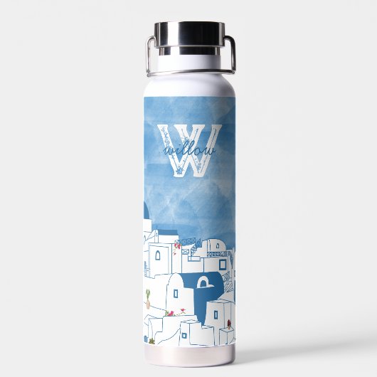 Blauw & Wit Waterverf Santorini Griekenland Monogr Waterfles (Achterkant)