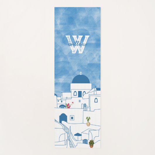 Blauw & Wit Waterverf Santorini Griekenland Monogr Yogamat (Voorkant)