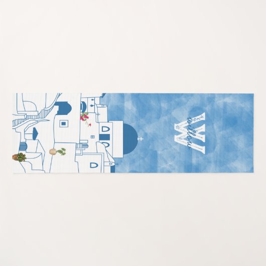 Blauw & Wit Waterverf Santorini Griekenland Monogr Yogamat (Voorkant (horizontaal))