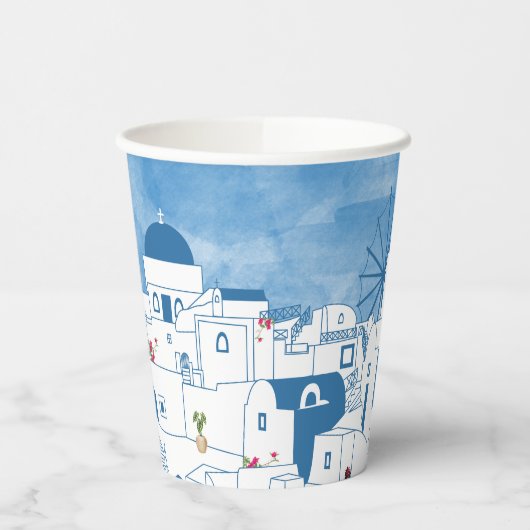 Blauw & Wit Waterverf Santorini Griekenland Papieren Bekers (Links)