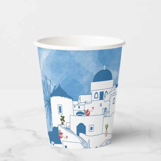 Blauw & Wit Waterverf Santorini Griekenland Papieren Bekers (Voorkant)