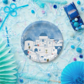Blauw & Wit Waterverf Santorini Griekenland Papieren Bordje (Feest)