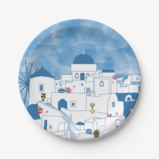 Blauw & Wit Waterverf Santorini Griekenland Papieren Bordje (Voorkant)