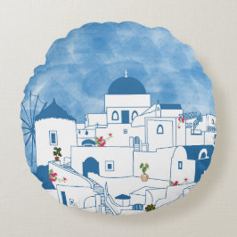 Blauw & Wit Waterverf Santorini Griekenland Rond Kussen