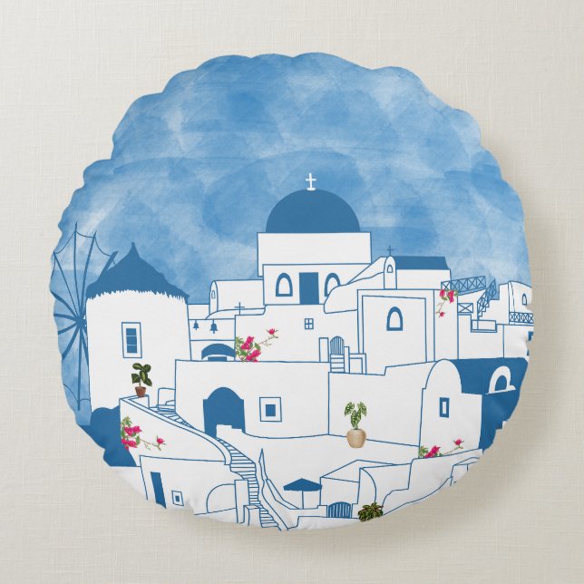 Blauw & Wit Waterverf Santorini Griekenland Rond Kussen (Voorkant)