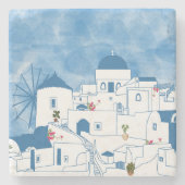 Blauw & Wit Waterverf Santorini Griekenland Stenen Onderzetter (Voorkant)