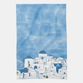 Blauw & Wit Waterverf Santorini Griekenland Theedoek (Verticaal)