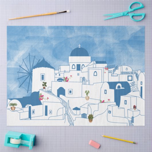 Blauw & Wit Waterverf Santorini Griekenland Tissuepapier (Craft)