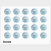 Blauw Wit Waterverf Streep Konijn Baby shower Ronde Sticker (Vel)