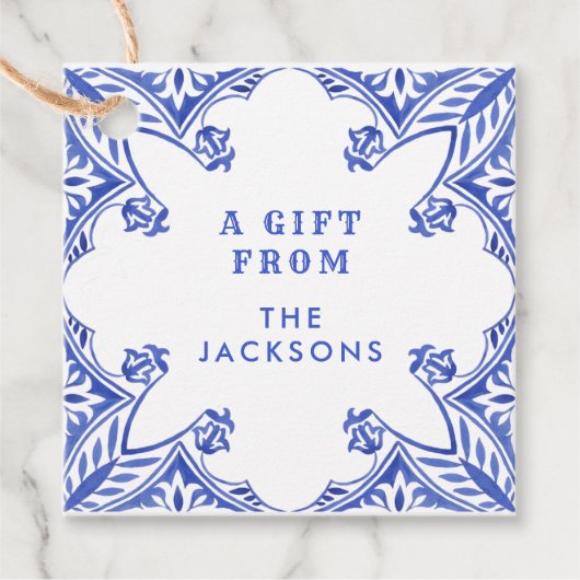 Blauw-Wit Waterverf Tegel Bedankjes Labels (Voorkant)