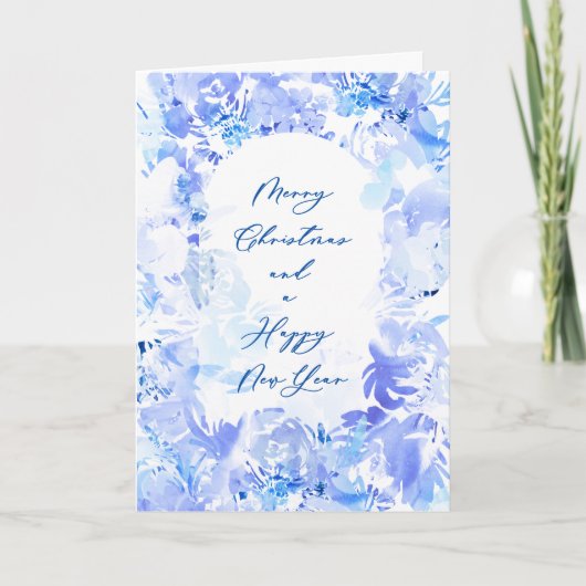 Blauw Wit Waterverf Vrolijk Kerstfeest Nieuwjaar Kaart (Voorkant)