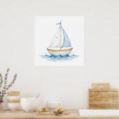 Blauw & Wit Waterverf Zeilboot – Nautische Baby R Poster (Keuken)