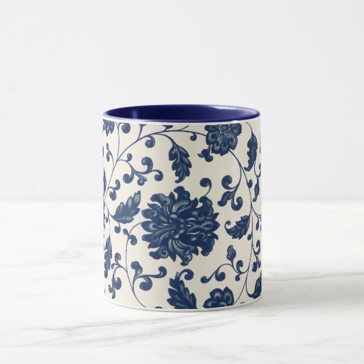  blauw + wit wervelend bloemenwijnpatroon mok (Midden)