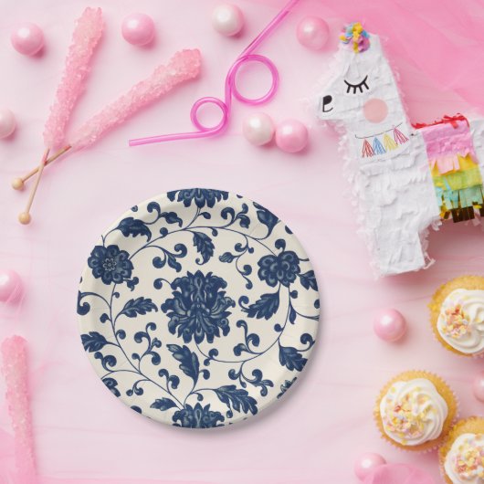 blauw + wit wervelende botanische bloemen papieren bordje (Feest)