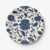  blauw + wit wervelende botanische bloemen papieren bordje (Voorkant)