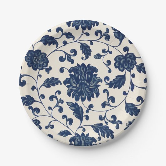 blauw + wit wervelende botanische bloemen papieren bordje (Voorkant)