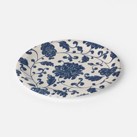 blauw + wit wervelende botanische bloemen papieren bordje (Gekanteld)