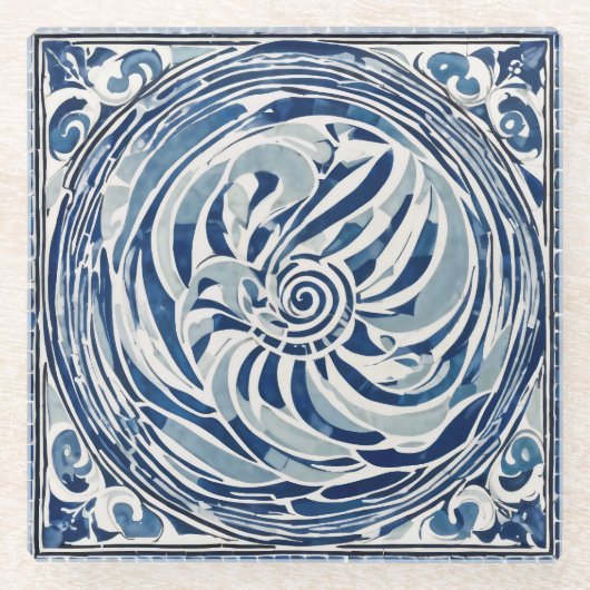 Blauw wit wervelpatroon 02 glazen onderzetter (Voorkant)