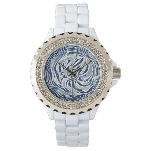 Blauw wit wervelpatroon 02 horloge (Voorkant)