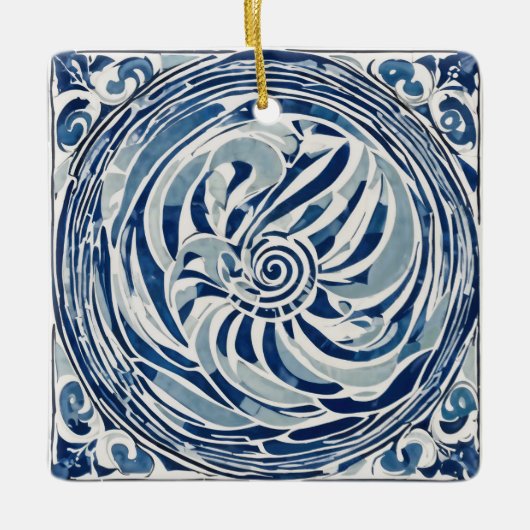 Blauw wit wervelpatroon 02 keramisch ornament (Voorkant)