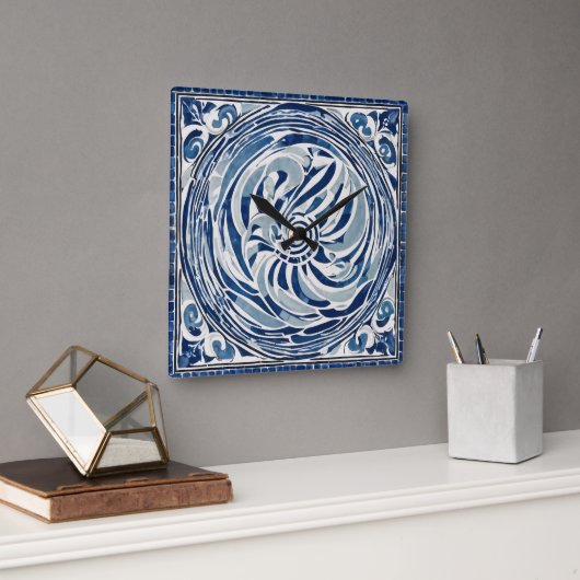 Blauw wit wervelpatroon 02 vierkante klok (Kantoor)