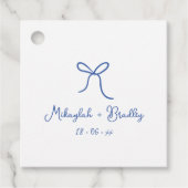 Blauw & Wit Whimsical Bow Gepersonaliseerde bruilo Bedankjes Labels (Voorkant)