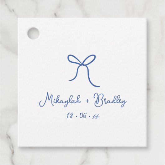 Blauw & Wit Whimsical Bow Gepersonaliseerde bruilo Bedankjes Labels (Voorkant)