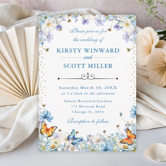 Blauw Wit Wildflowers & Butterflies Wedding Kaart