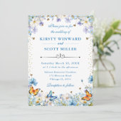 Blauw Wit Wildflowers & Butterflies Wedding Kaart (Staand voorkant)