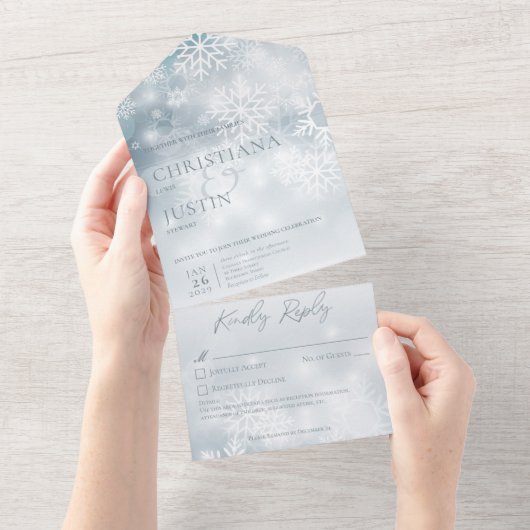 Blauw & Wit Winter Sneeuw Moderne Details All In One Uitnodiging (Afscheurbaar)