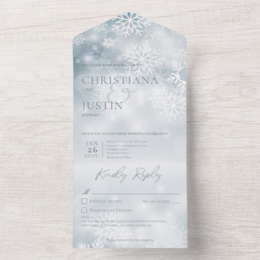 Blauw & Wit Winter Sneeuw Moderne Details All In One Uitnodiging (Binnen)