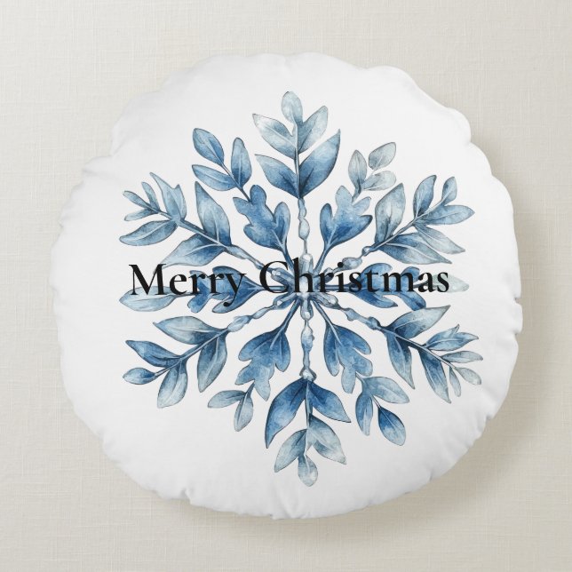Blauw Wit Winter Sneeuwvlok Kerstmis Rond Kussen (Voorkant)