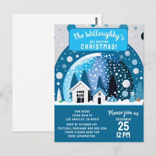 Blauw-wit winterwonderland herbergt Wereldbol Briefkaart (Voorkant / Achterkant)