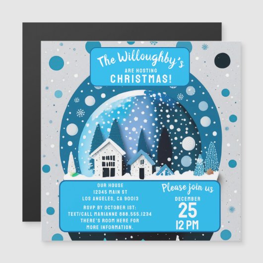 Blauw-wit winterwonderland herbergt Wereldbol Magnetische Uitnodiging (Voorkant / Achterkant)