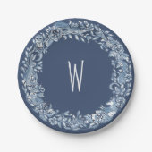 Blauw & Wit Woodland Dierenkrans Delft Monogram Papieren Bordje (Voorkant)