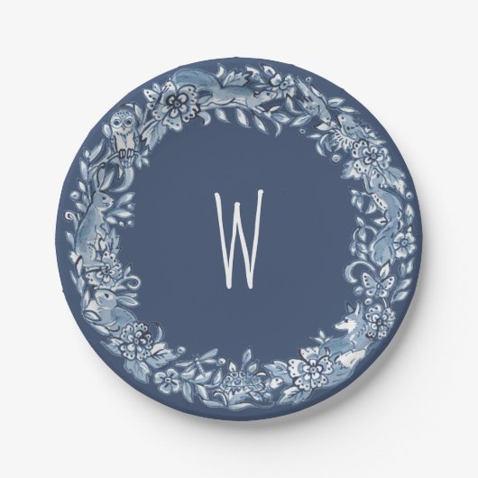 Blauw & Wit Woodland Dierenkrans Delft Monogram Papieren Bordje (Voorkant)