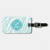 Blauw Wit Zebra Print Monogram Bagagelabel (Voorkant horizontaal)