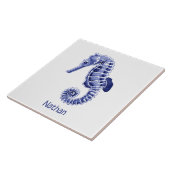 Blauw-wit zeepaardje met naam keramische tegel tegeltje (Zijkant)