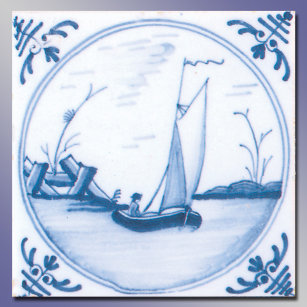 Blauw Wit Zeilboot  Delft Art Tegel Tegeltje