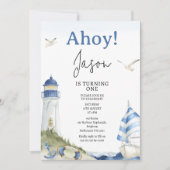 Blauw Wit Zeilboot Nautische Ahoy 1e Verjaardag Kaart (Voorkant)