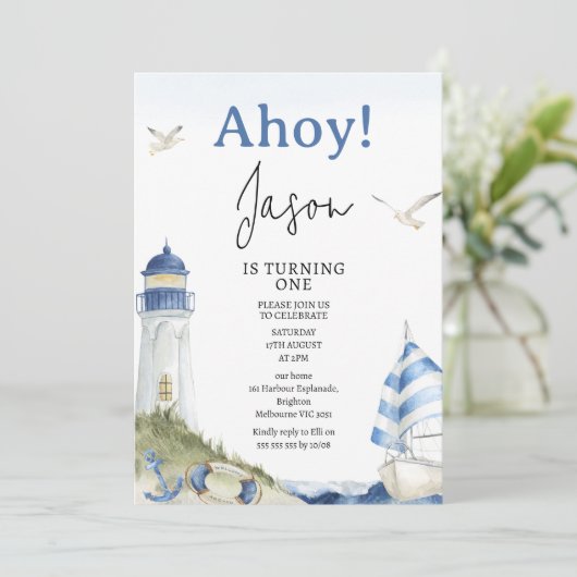 Blauw Wit Zeilboot Nautische Ahoy 1e Verjaardag Kaart (Staand voorkant)