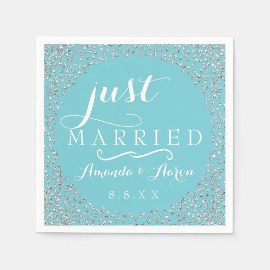 Blauw Wit Zilver Confetti Bruiloft Net Getrouwd Servet (Voorkant)