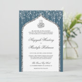 Blauw Wit Zilver Glitter Boog Moslim Bruiloft Kaart (Staand voorkant)