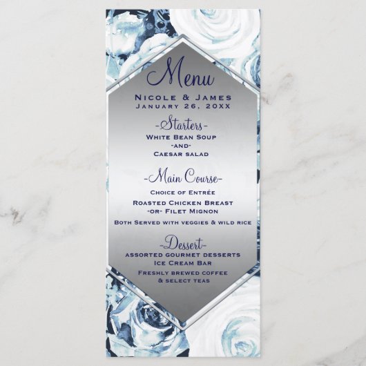 Blauw Wit Zilver Winter Huwelijk Vintage Roos Menu (Voorkant)