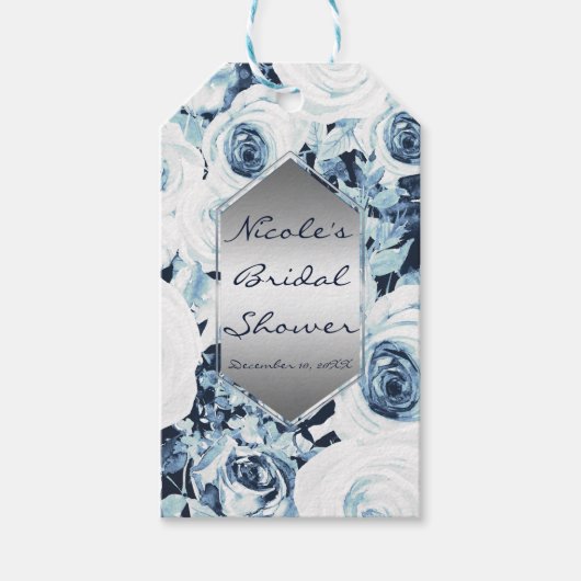 Blauw Wit Zilver Winter Huwelijk Vintage Rozen Cadeaulabel (Voorkant)