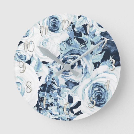 Blauw Wit Zilver Winter Shabby Chic Oude Rozen Ronde Klok (Voorkant)